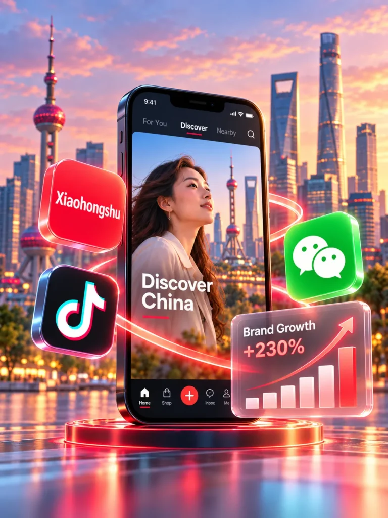 Illustration representing China digital marketing services, including RedNote, Douyin and WeChat, for CMEA contact popup