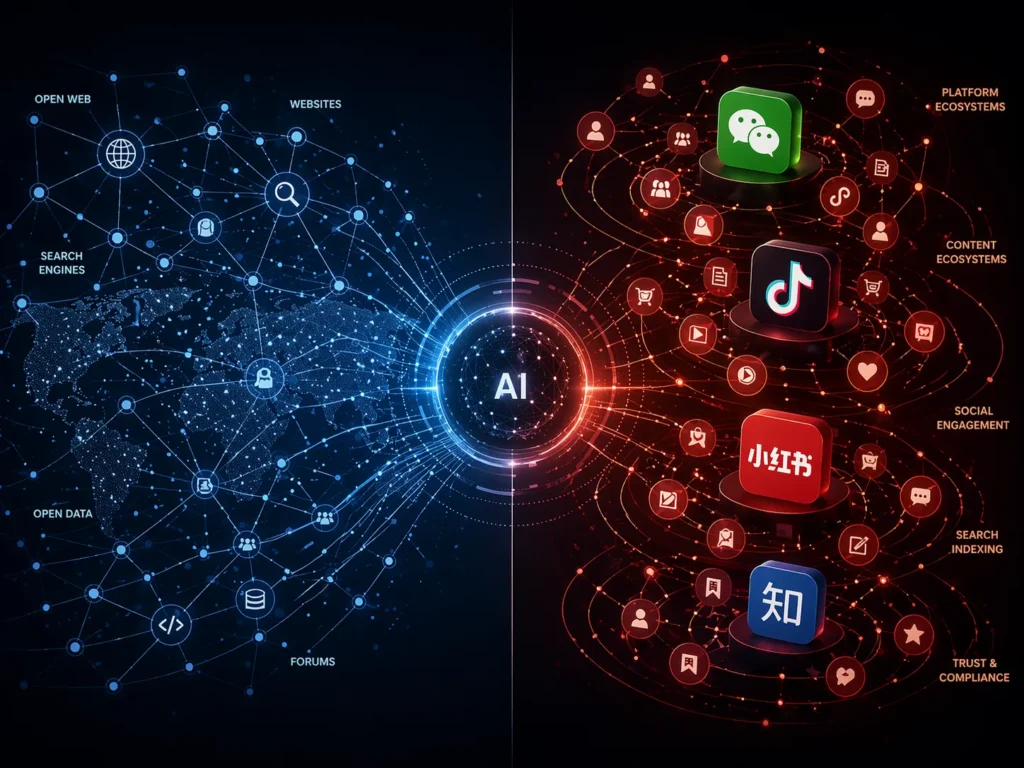 Split-screen illustration comparing global AI open web ecosystem and China’s platform-based AI ecosystem with a central AI layer